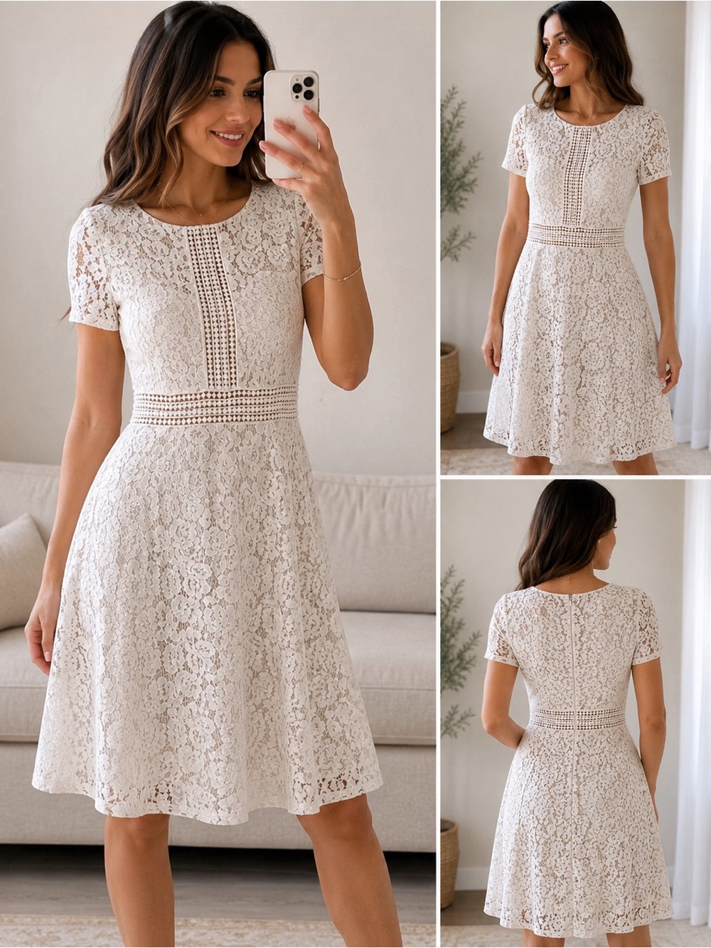Elegant Lace Fit & Flare Midi Dress — Cream